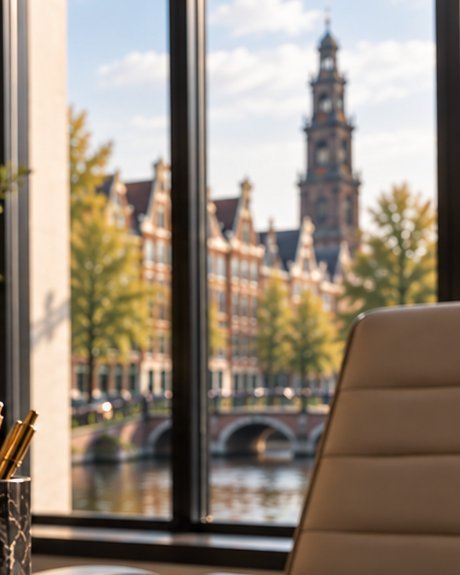 Uitzicht op Nederlandse grachtenpanden vanuit een notariskantoor